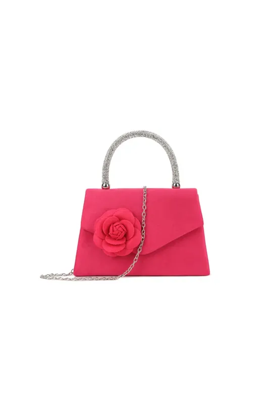 Fuchsia Suedette Flower Embellished Evening Bag - Aftershock London
