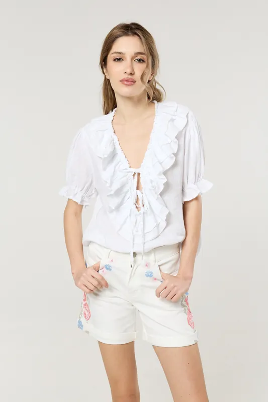 White Ruffle Tie Front Linen Blouse - Liquorish