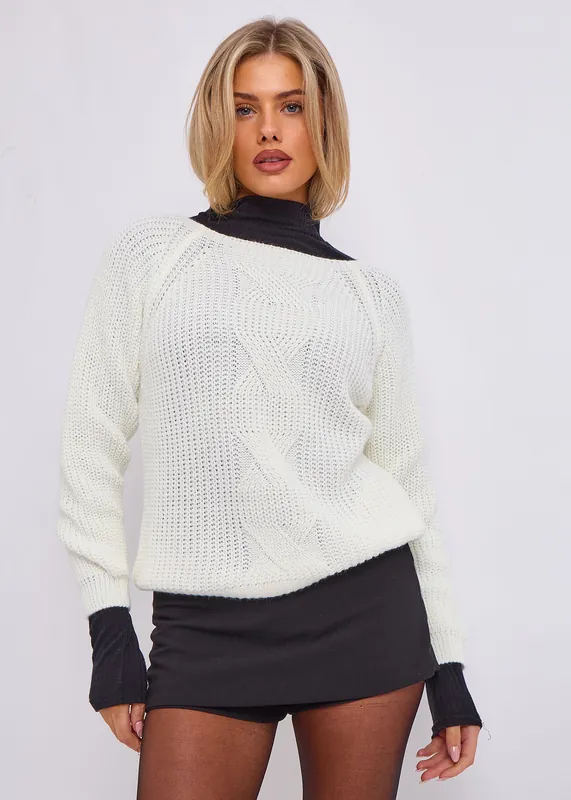 Cream Crew Neck Rib Knit Oversized Jumper - Gini London