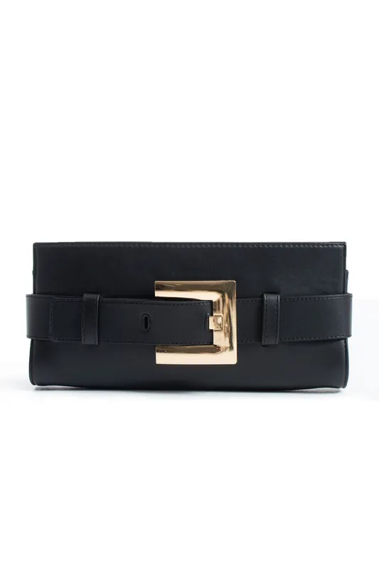 PU Leather Shoulder & Clutch Bag with Large Gold Buckle - Belissh
