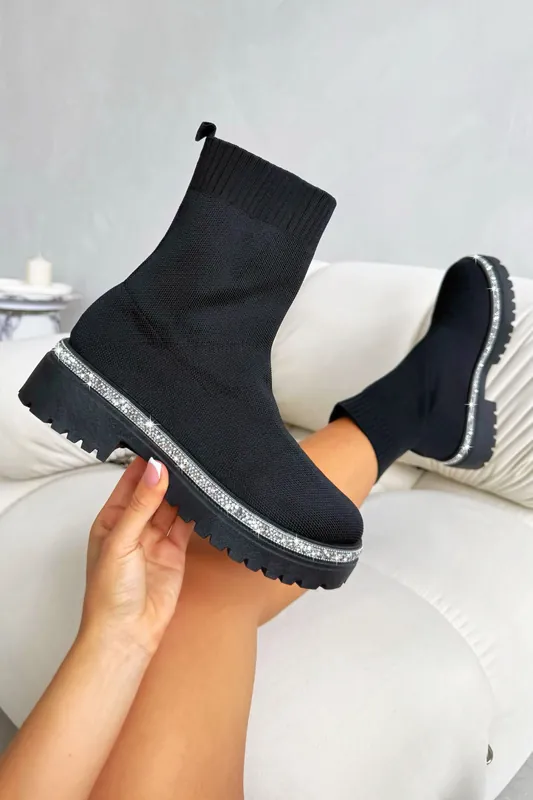 Sparkly Stretch Chunky Sock Boots Black - Love Lemonade