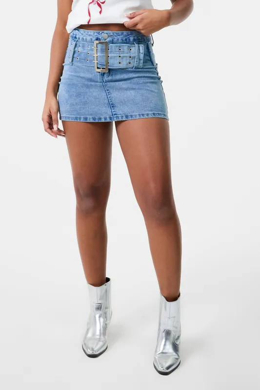 Light Blue Denim Belted Mini Skirt - Pink Vanilla
