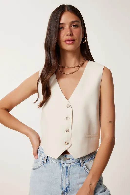 Sleeveless V-Neck Buttoned Crop Waistcoat