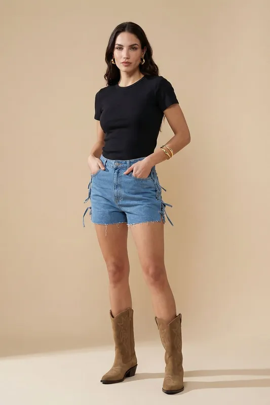 Blue tie side Denim Shorts - Urban Bliss