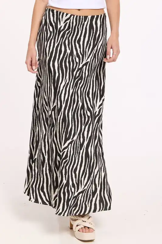 Black Zebra Print Satin Maxi Skirt - Liquorish