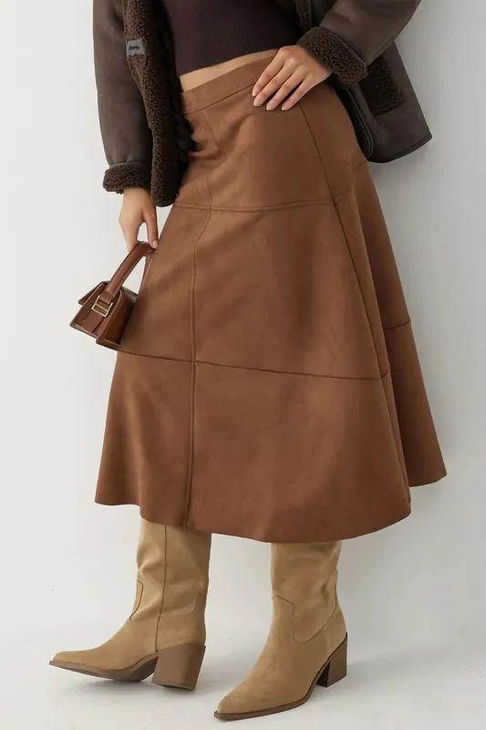 High Waist Suede Long Skirt with Zipper Closure - Hiccup