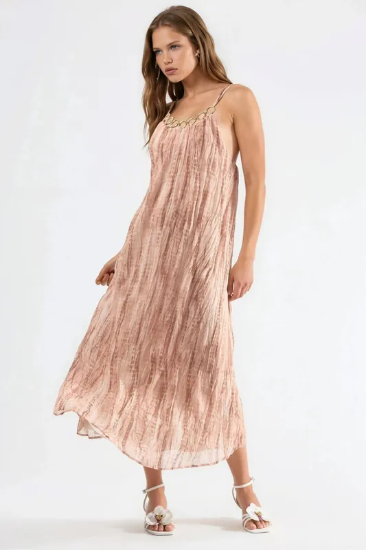 Accessory Detailed Patterned Maxi Dress - QU Style
