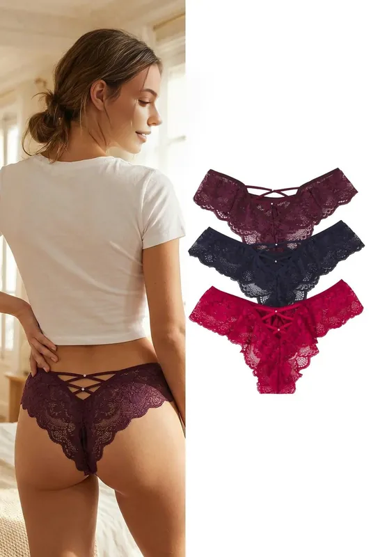 3 Pack Lace Cross Strap Back Brazilian Briefs - WOVCOR
