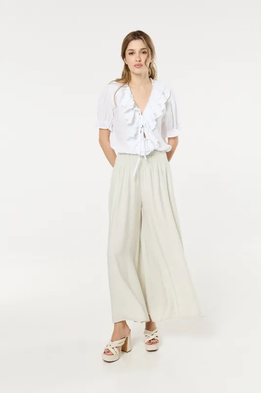 Cream Smocked Wide Leg Trousers - Liquorish