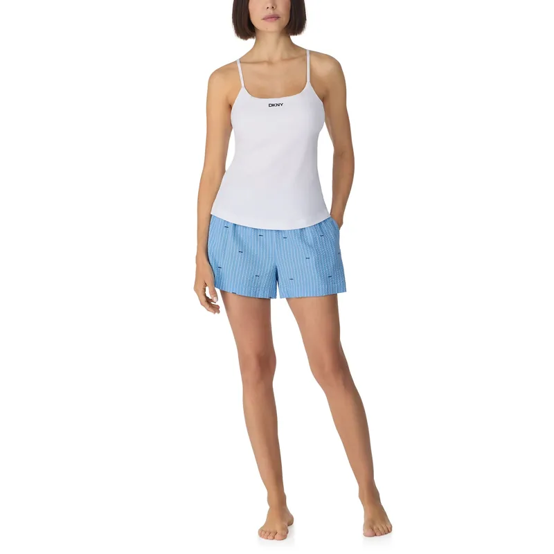 Cami with shelf bra and boxer sleep set in white and blue logo stripe - DKNY
