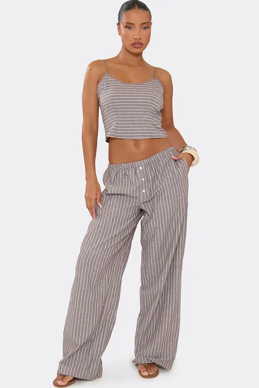 Wide Leg Popper Pinstripe Trousers - EGO