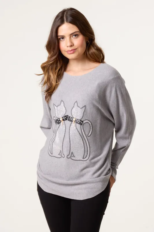 Grey Embellished Cat Jumper - Blue Vanilla