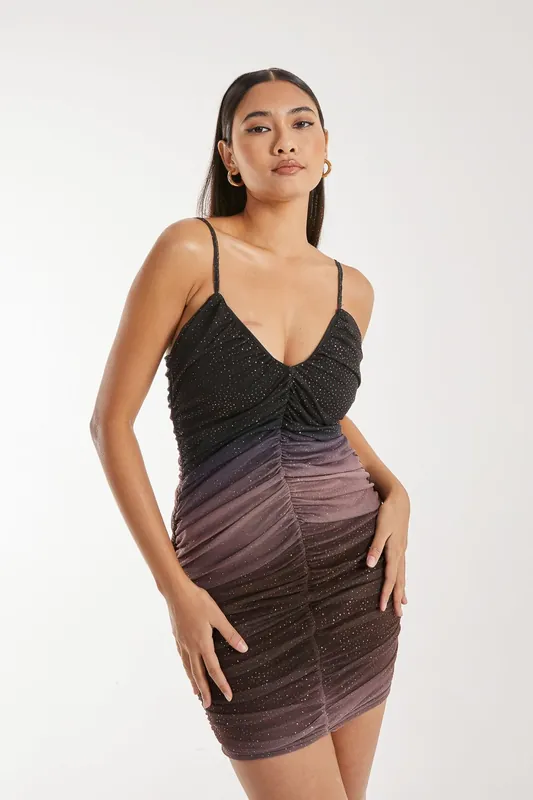 Strappy Ruched Sparkle Ombre Mini Dress - Pink Vanilla