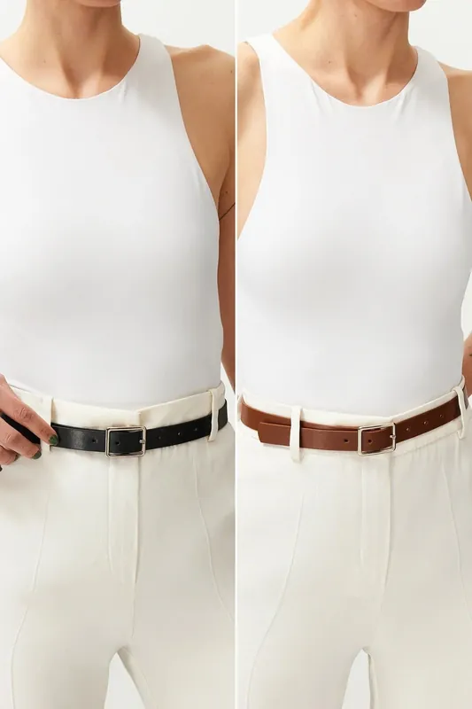 Double Pack Square Buckle Slim Women’s Belt Set - WOVCOR