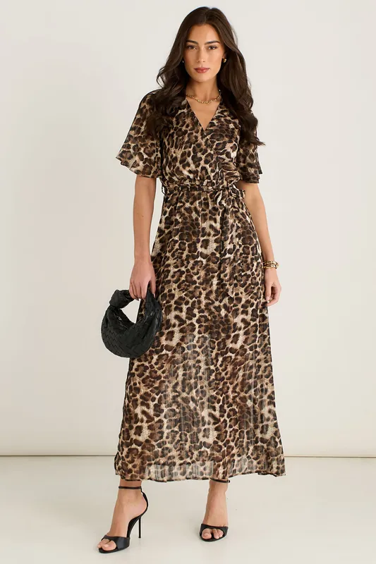 Brown Chiffon Animal Sparkle Stripe Wrap Midi Dress - Gini London
