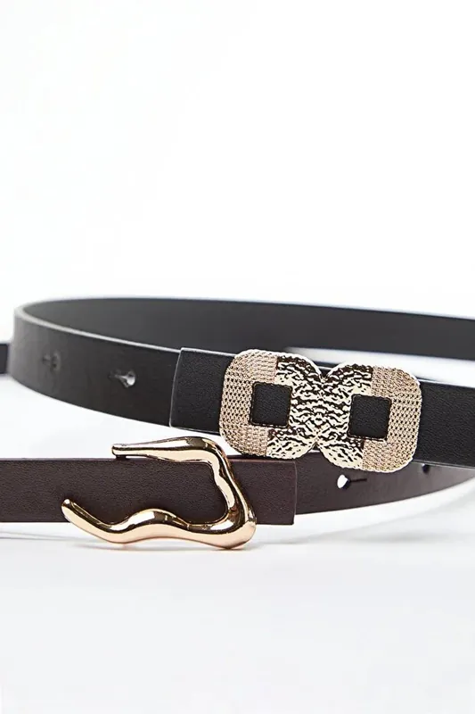 Double Pack Gold Statement Buckle Faux Leather Fashion Belt - WOVCOR