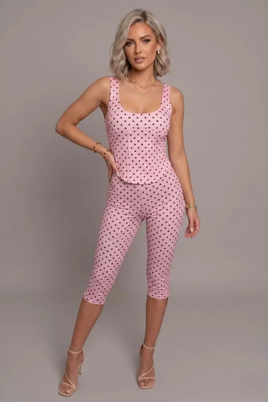 Polka Dot Ruched Sleeveless Top and High Waist 34 Co-Ord
