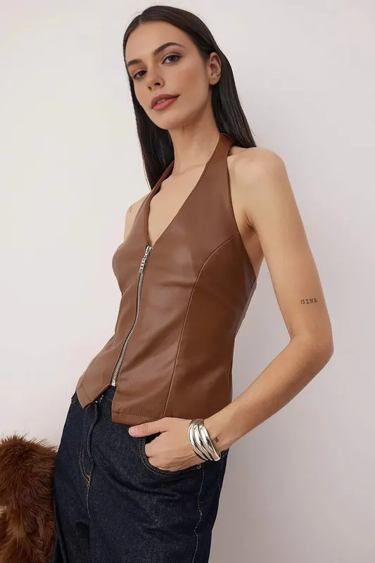 V-Neck Faux Leather Zip Front Halter Party Top