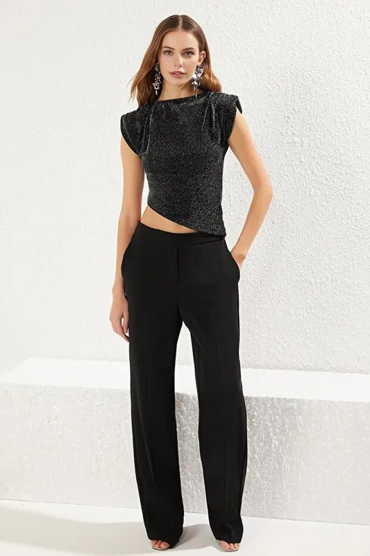 Glitter Knit Collarless Blouse - WOVCOR