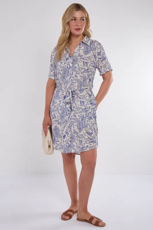 Blue Paisley Print Short Sleeve Mini Shirt Dress - Love Sunshine