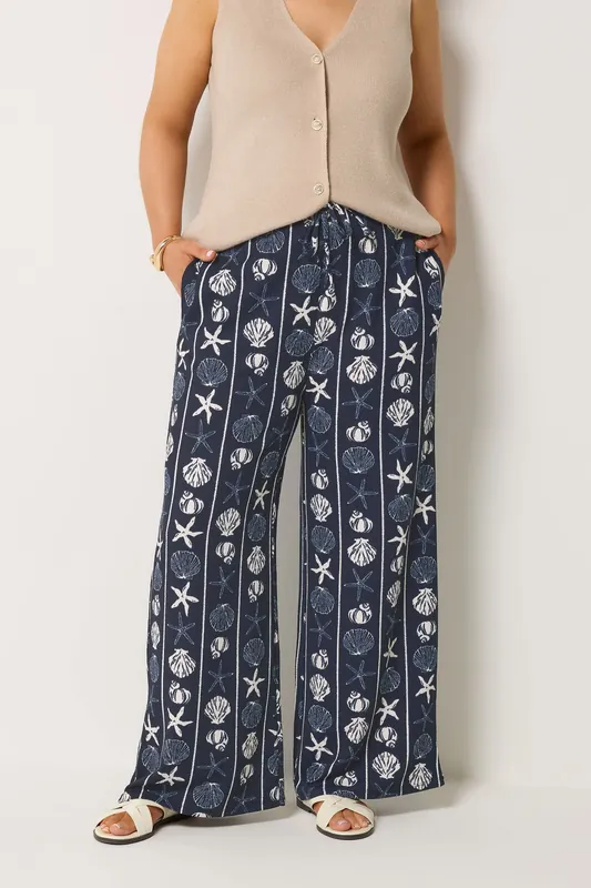 Seashell Print Crinkle Wide Leg Trousers - Yours