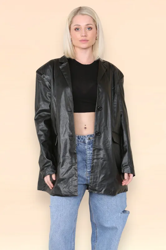 Black PU Faux Leather Long Sleeve Oversized Blazer - ELAINA FASHION