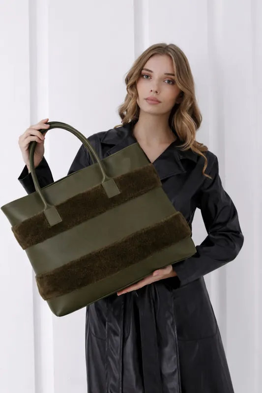 Oversized Pu Tote Bag with Fur Trim - Belissh