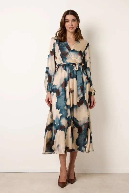 Blue Watercolour Wrap Dress With Tie Belt - Blue Vanilla