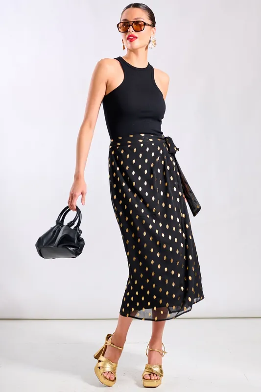 Black Foil Wrap Midi Skirt - Needs No Label