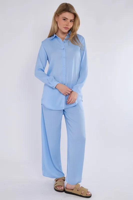 Baby Blue Satin Co-ord Shirt and Trousers Set