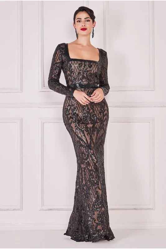 Sequin Square Neck Maxi With Scallop Hem - Goddiva