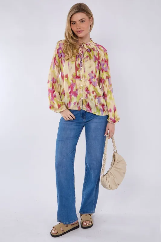 Pink and Lime Tie Dye Print Tie Lace Satin Blouse - Love Sunshine