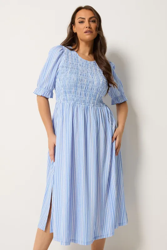 Shirred Stripe Print Dress - Yours