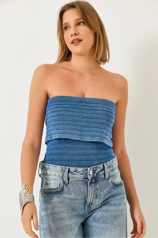 Textured Strapless Ribbed Crop Top - Bianco Lucci