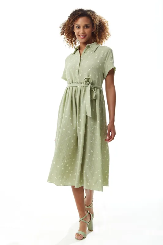 Sage Green Cherry Print Midi Dress - Liquorish