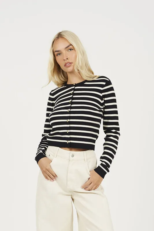 Stripe Crew Neck Cardigan With Gold Shank Buttons - Brave Soul