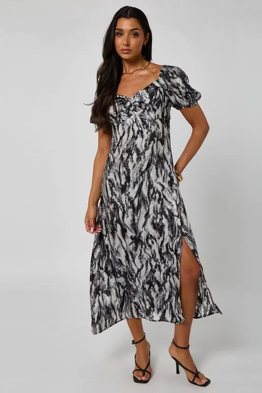 Printed Ruched Sleeve Midaxi Dress - Urban Bliss