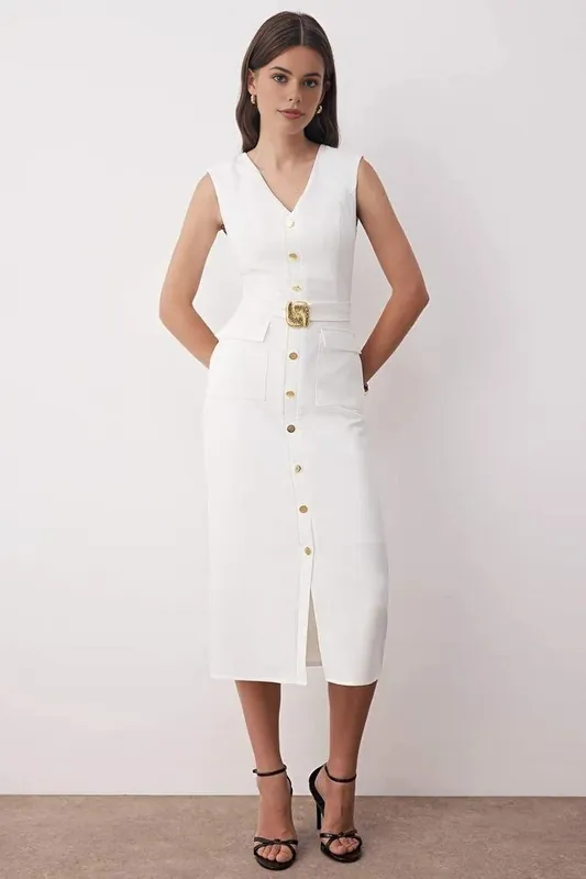 Belted Button Front Midi Woven Dress with Pocket Detail - WOVCOR