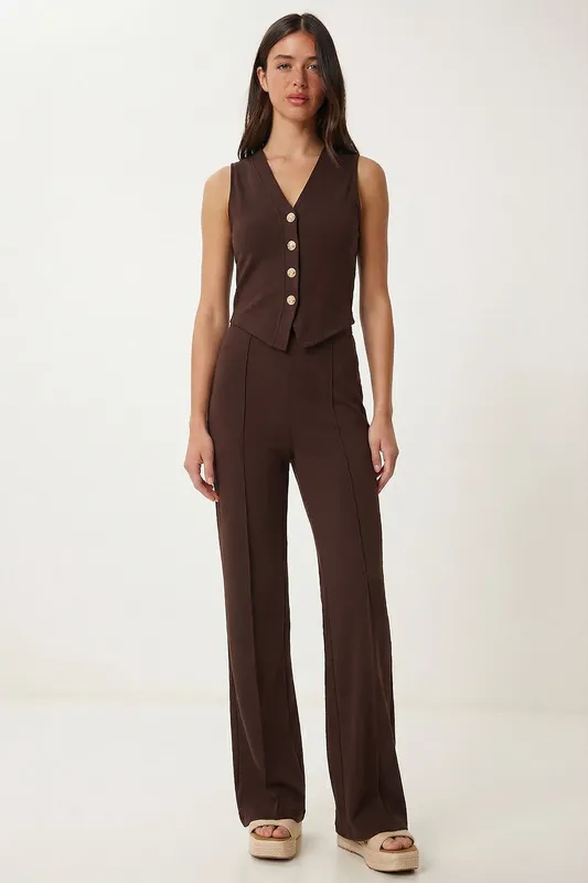 High Waist V-neck Button-Up Wide Leg Co-ord Set