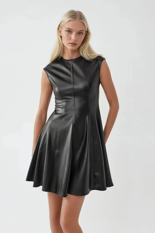 Faux Leather Fitted Mini Dress with Zipper - Busem