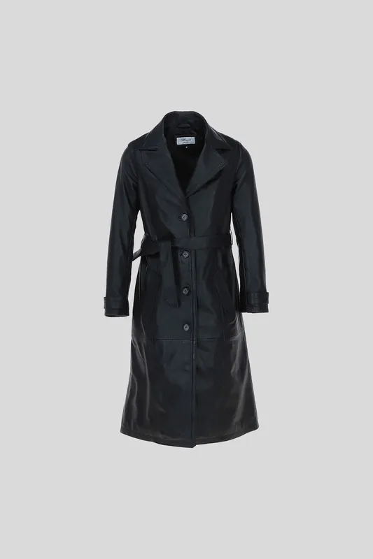 Elegant Longline Genuine Leather Trench Coat with Waist Tie - Ashwood Leather