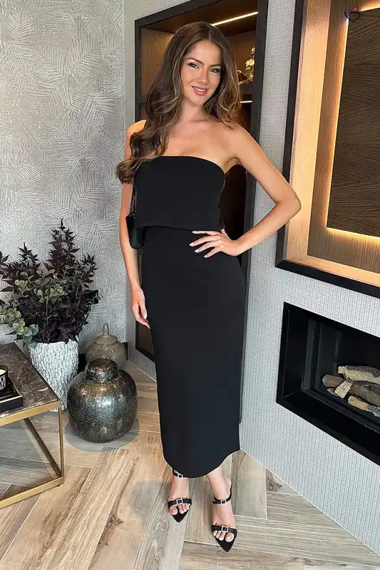 Black Strapless Fold Over Top Detail Midi Dress - AX Paris