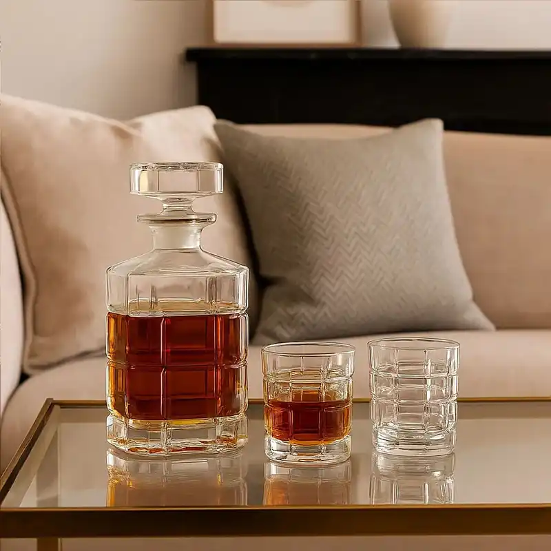 Decanter With 2 Tumblers, Modern 850ml Whiskey Decanter & Tumblers, Textured Barware Jug, Crystal Drinkware - Orsina