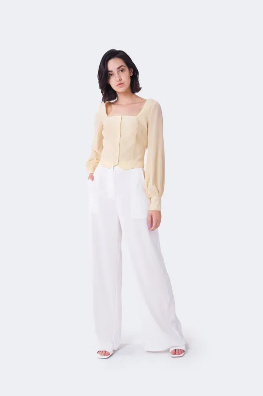 Square Neck Button Front Tops in Soft Yellow - Shnoo