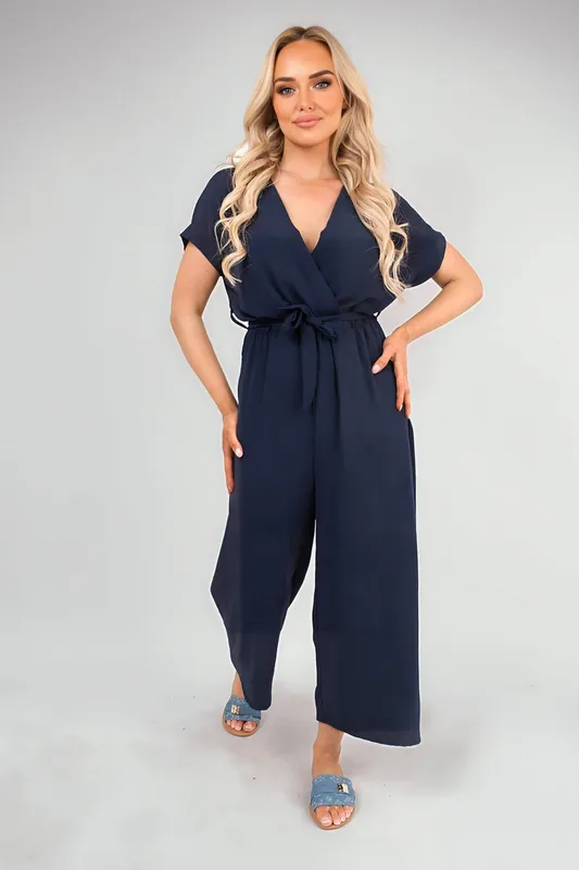 Nerina Wrap Short Sleeve Wide Leg Jumpsuit With Tie Waist - IKRUSH