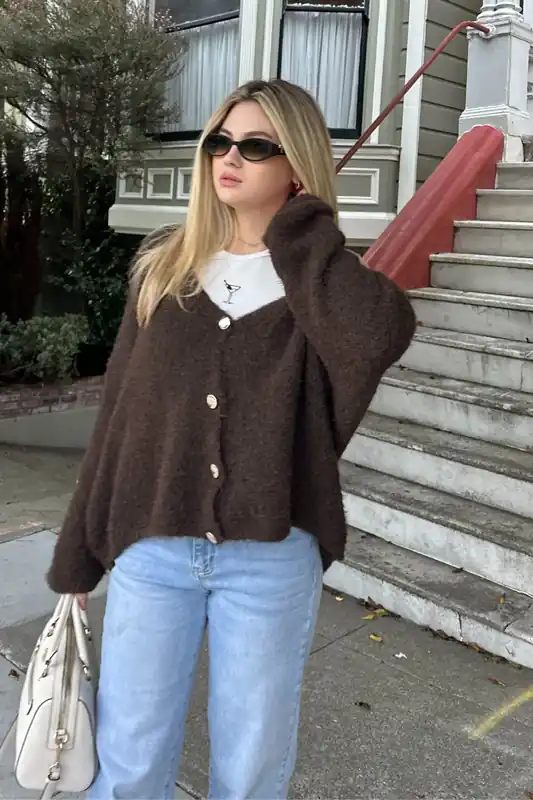 Fluffy Knit V Neck Gold Button Up Soft Chunky Cardigan - Femme Luxe