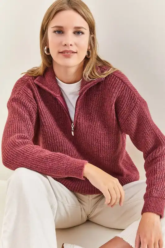 Oversized Textured Knit Sweater with Zipper Collar - Bianco Lucci