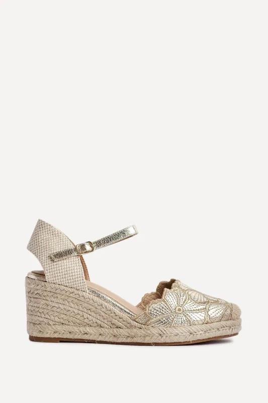Florentina Gold Floral Embroidered Wedges - Linzi