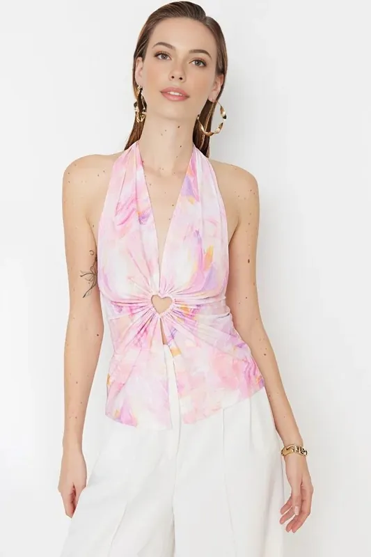 Printed Halterneck Ring Detail Blouse Top - WOVCOR