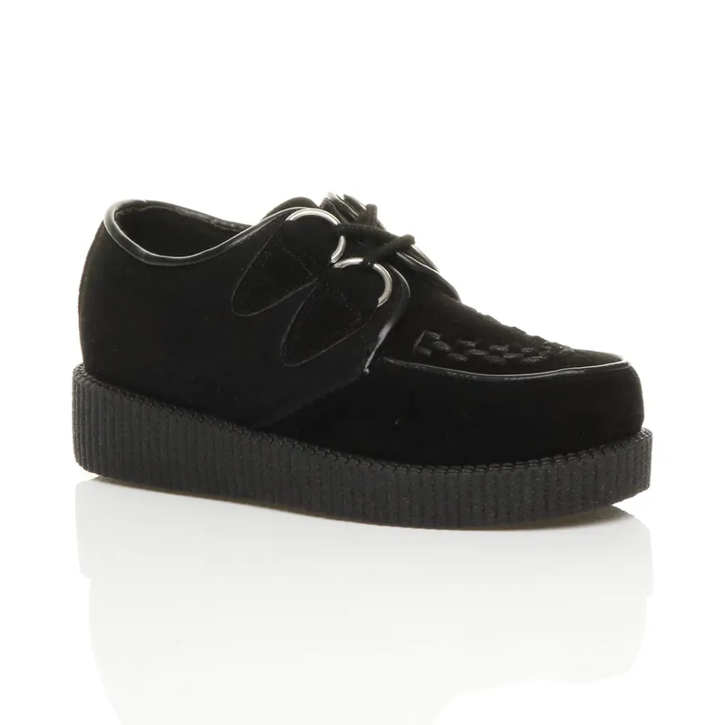 Low Wedge Heel Brothel Creepers Faux Suede Lace Up Shoes - AJVANI
